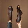 2025 Autumn New High-heeled British Style Short Boots Women's Retro Brown Square Head Thick Heel Elastic Thin Boots Socks Boots