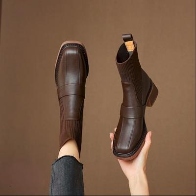 2025 Autumn New High-heeled British Style Short Boots Women's Retro Brown Square Head Thick Heel Elastic Thin Boots Socks Boots