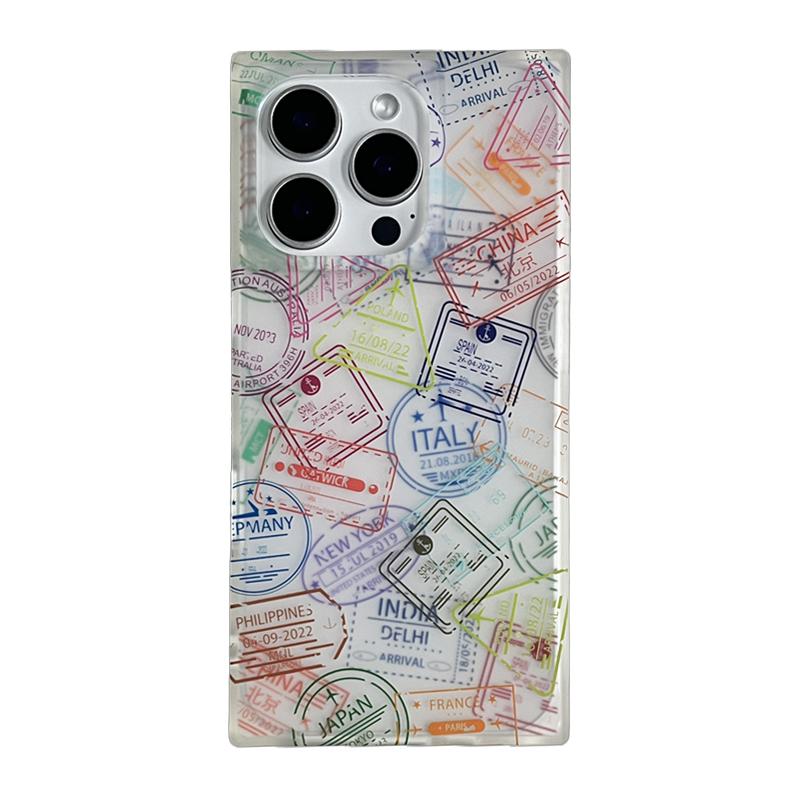 

Ins Stylish New York London Italy Sticker Labels Phone Case For iPhone 17 16 15 13 14 Pro Max Clear Right Angle Side Back Cover iPhone 15 Pro