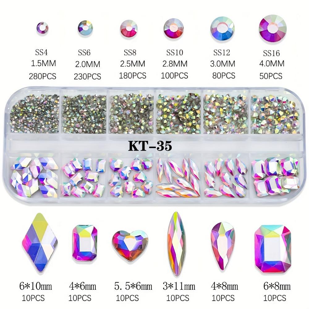Get Your Nails Dazzling with 12-Grid White Flat-Bottom Rhinestones in Various Cute Shapes and Sizes!