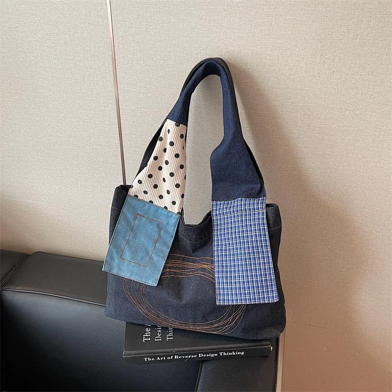 

Ретро нишевая сумка через плечо лето новая сумка-тоут прилив пэчворк сумка для покупок большая вместимость студенческая сумка чёрный