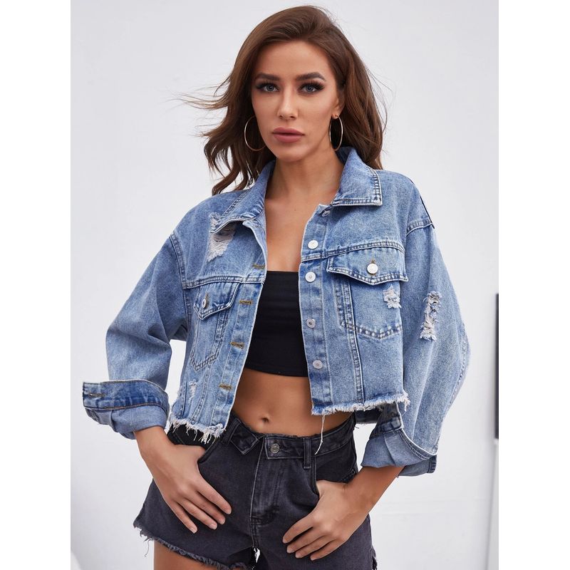 

Women Cropped Denim Washed Distressed Jean Jacket Coats Blue L