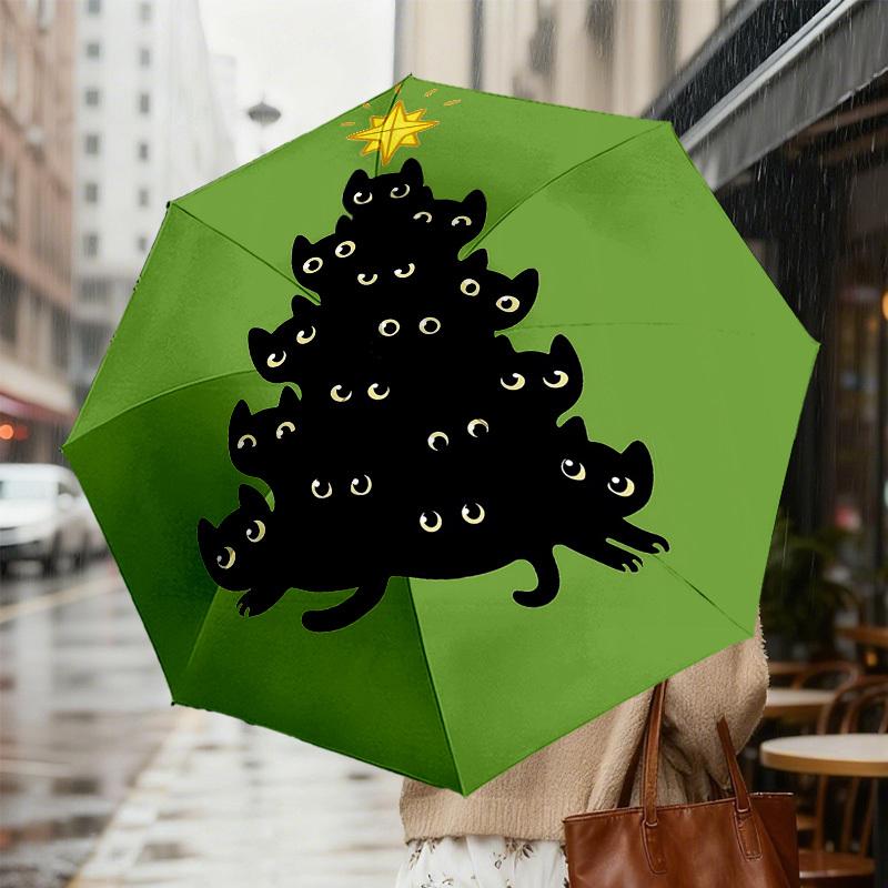 Black Cat Christmas Tree Umbrella: A Unique, Festive Design for Outdoor Adventures - Auto-Open/Close, Lightweight & Durable
