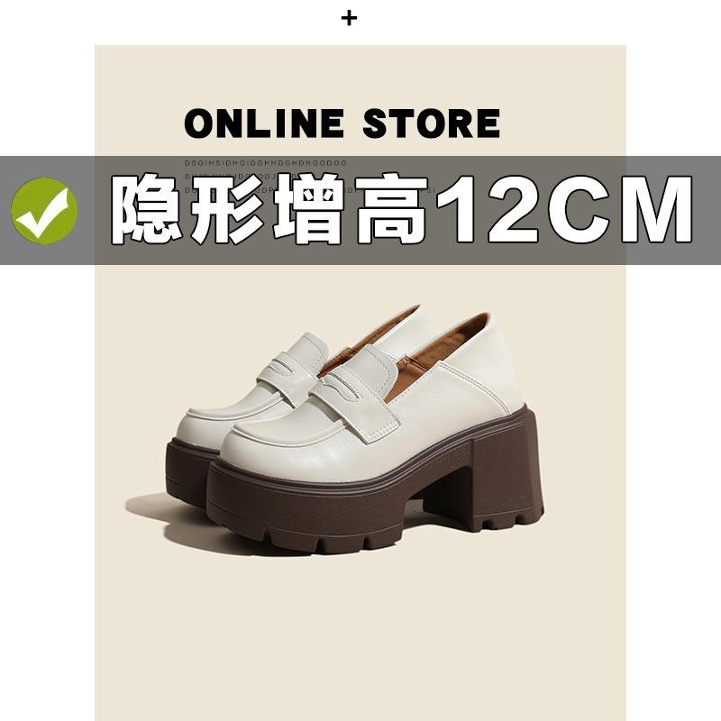 

Black small leather shoes, thick-soled high-heeled inner height increase of 12cm, versatile little white shoes, spring and autumn single shoes 3233 32 білий