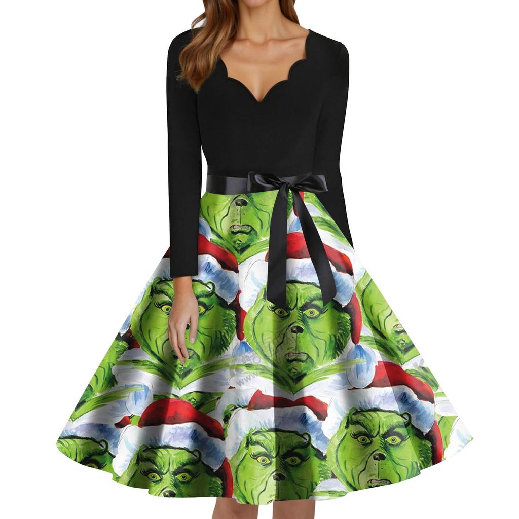 Damenmode V-Ausschnitt Lässig Slim-fit Weihnachts-Print Langarmkleid