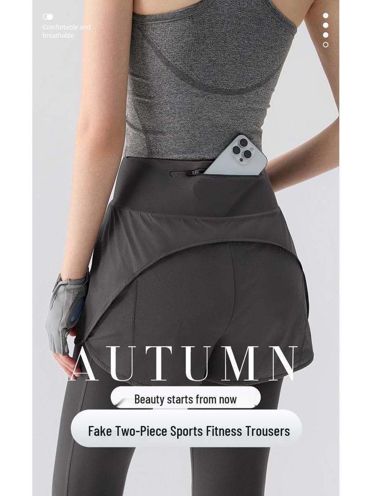 Women's High Waist Hip-Lift Yoga Pants, Quick-Dry, Two-Piece Look, for Autumn/Winter Running & Training.