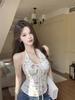 White Shell Print V-Neck Halter Top for Women - 2026 Summer Slim Fit Backless Camisole