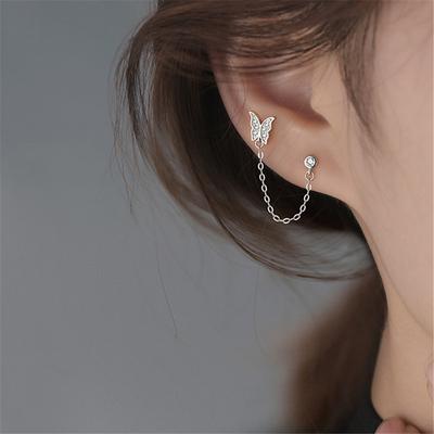 1 Pcs 925 Sterling Silver Tassel Long Chain Butterfly Round Bead Stud Earrings For Women Girls Jewelry Pendientes Eh1668