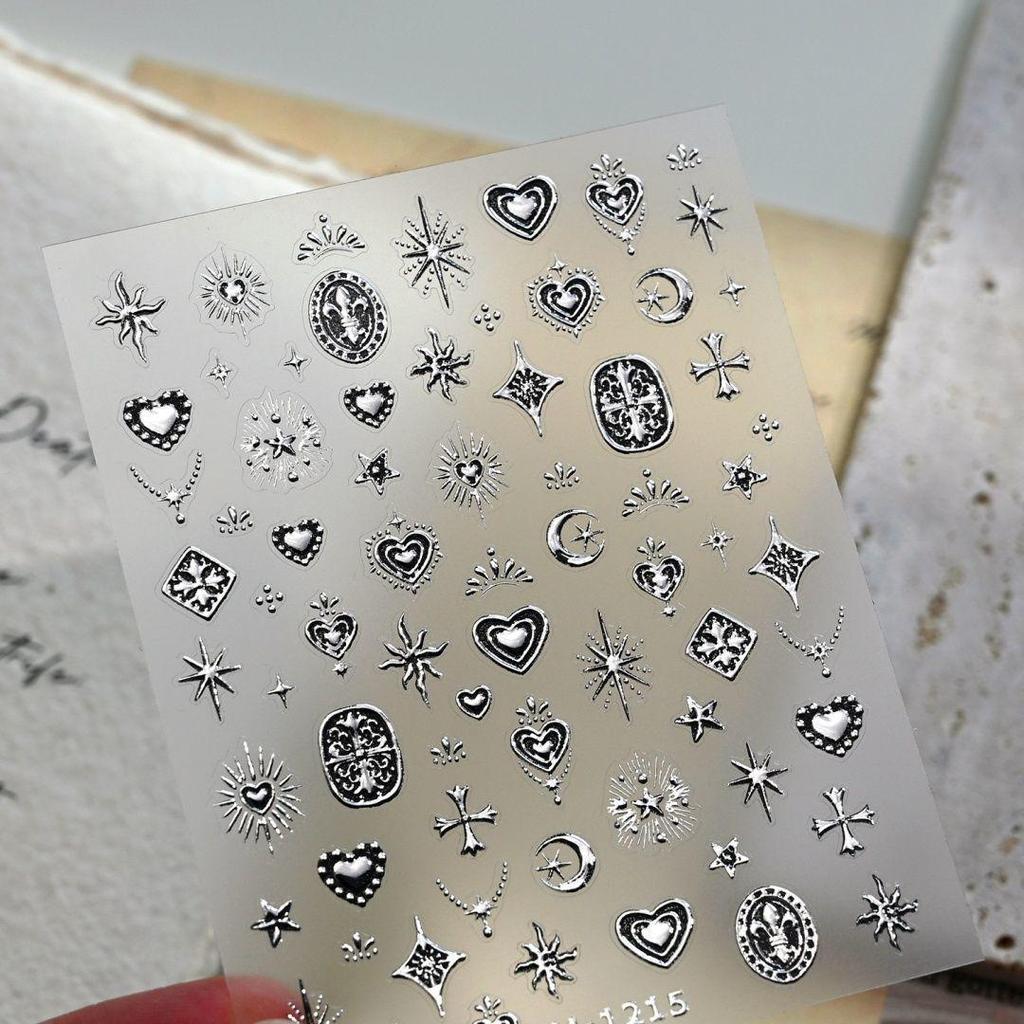 Gothic Starburst Metal Nail Art Stickers – Spicy Gold & Silver Stars, Hearts, and Crosses for DIY Nails