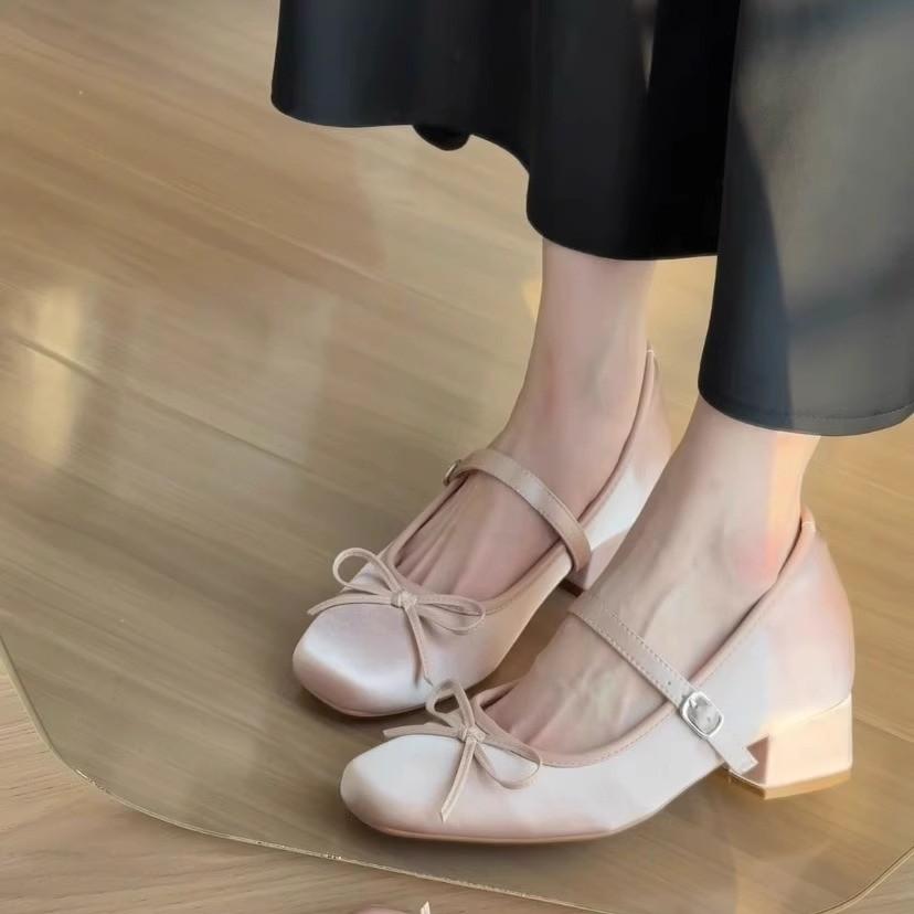 Sheepskin~ Inner Height Increase 7CM Satin Bow High Heel Mary Jane Shoes Women's Thick Heel Soft Sole Versatile Ballet Single Shoes Women