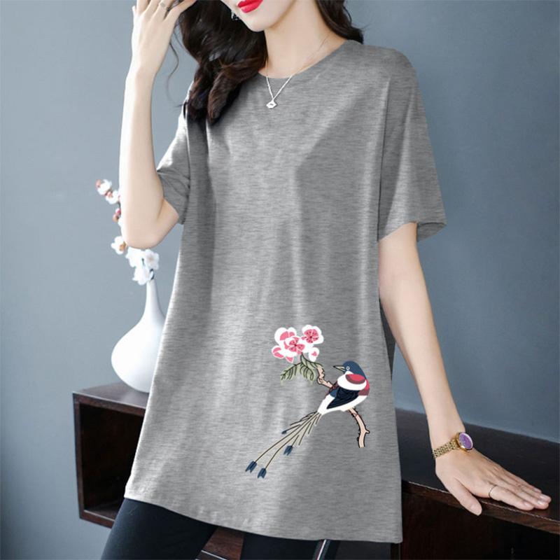 100% bumbac Tricou cu mânecă scurtă de lungime medie pentru femei Vară cu model de culoare uni Imprimare All-match Subțire de lungime medie Top Trendy