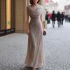 2026 European and American Fashion Slim Temperament Drape Collar Pleated Long Dress Dress