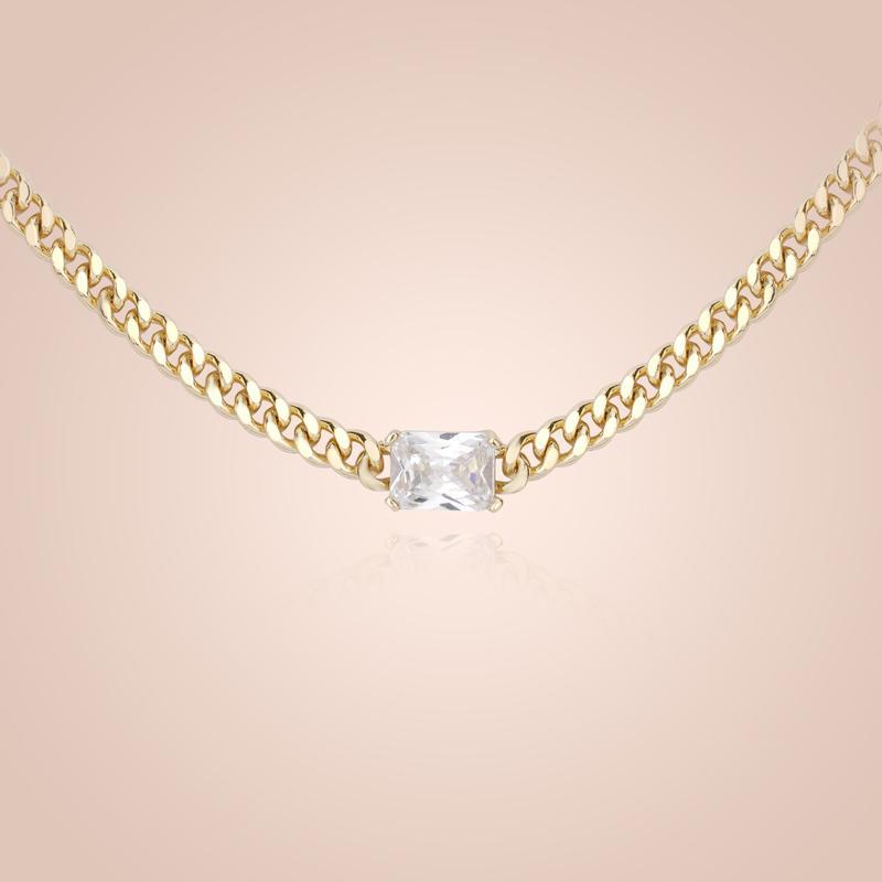 Cubic Zirconia Gold-Plated Cuban Chain Necklace - European American Fashion Statement for Women