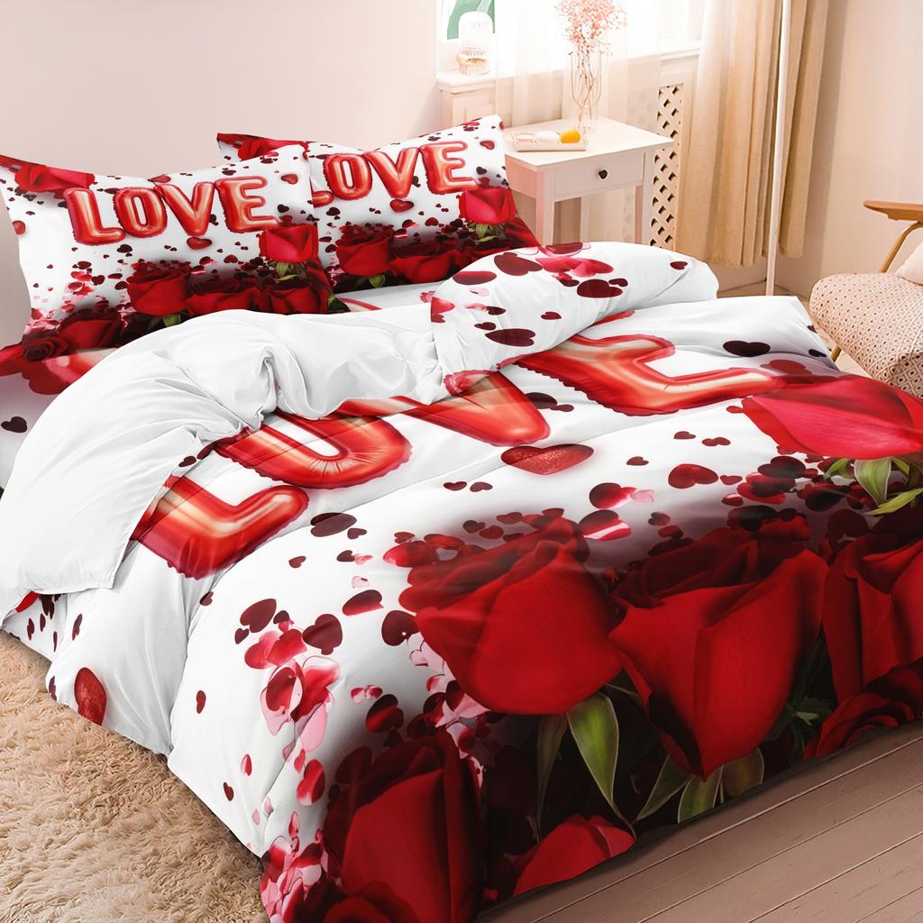 3pcs Valentine'S Day Romantic Rose Love Letter Pattern Duvet Cover Set Bedding Set Soft And Comfortable Duvet Cover Bedroom