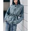 Fall New Women's Clothing Flip Collar Long Sleeve Bowknot Belt Long Denim Jacket Coat 5252271