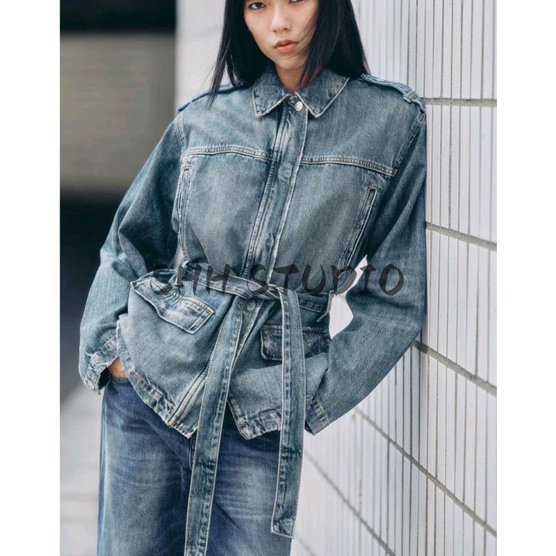Fall New Women's Clothing Flip Collar Long Sleeve Bowknot Belt Long Denim Jacket Coat 5252271