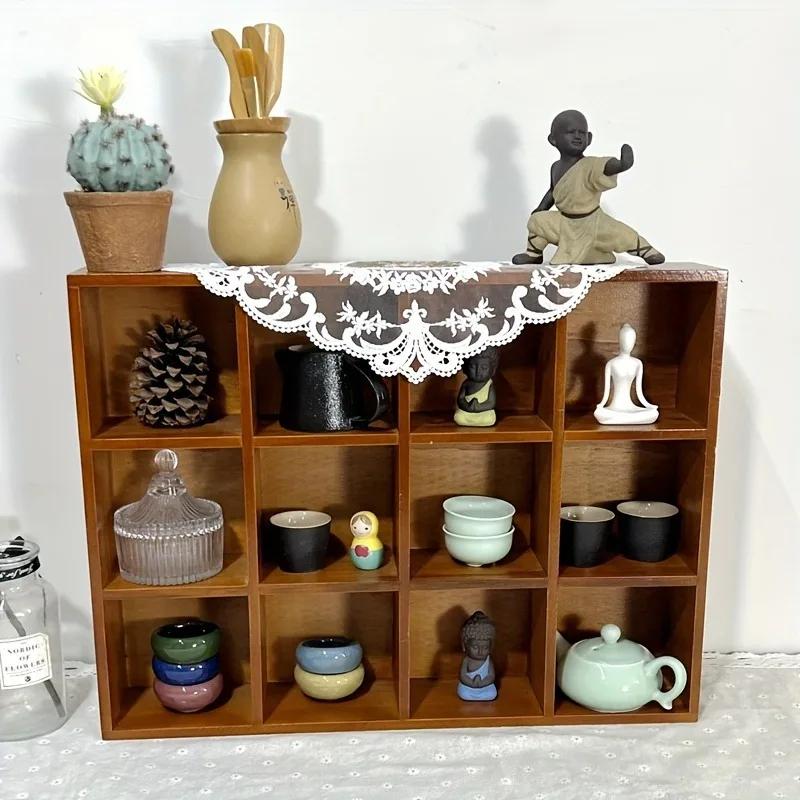 Cherry Wood Tea Set Solid Wood Double-layer Lattice Wall-mounted Shelf Wood Frame for Living Room Tea Room Storage Organizer