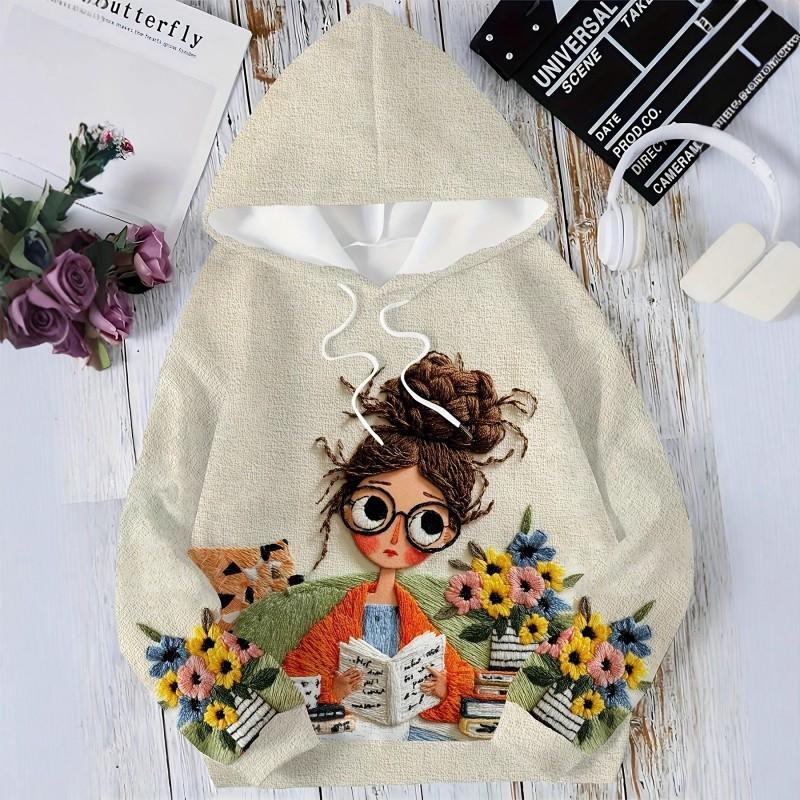 Womens Casual Hooded Sweatshirt With Cherry Anime Digital Print Air Layer Fabric Regular Fit