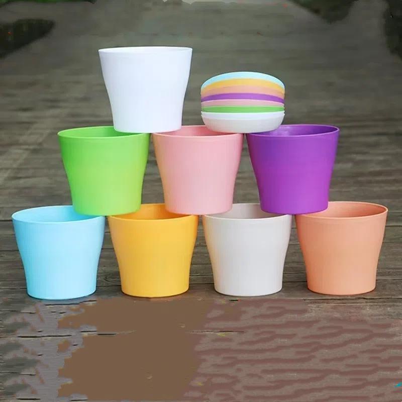 Plastic Flowerpots Colorful Plant Pot with Tray Round Pots for Plants Succulents Planter Pot Drainage Bonsai Potted Home Decor