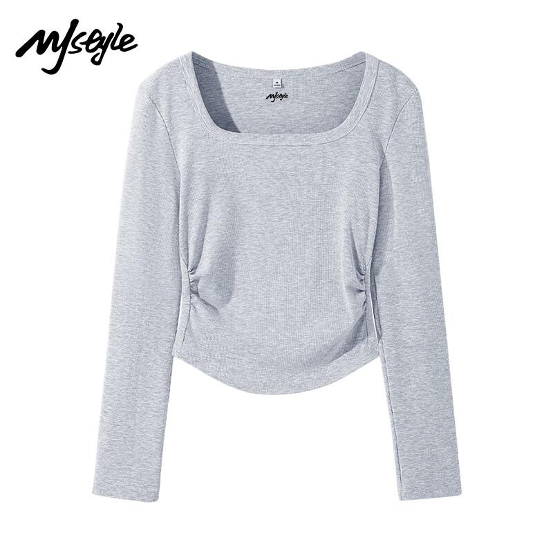MJ STYLE Women s Square Neck Ruched Long Sleeve T-Shirt S