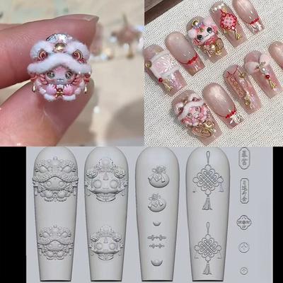 Chinese New Year Lovely Awakened Lion 3D Silicone Nail Accessories Carving Mold Cute Bear Mold Manicure Decorations Diy Template