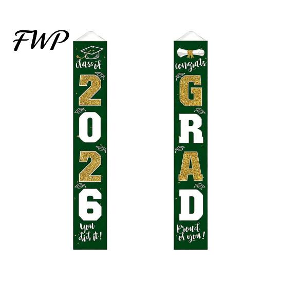 Durable Polyester Graduation Banner 1 Pair 2026 Decoration Class of Congrats Grad Door Sign Porch for Indoor Outdoor Front Hanging Party Supplies