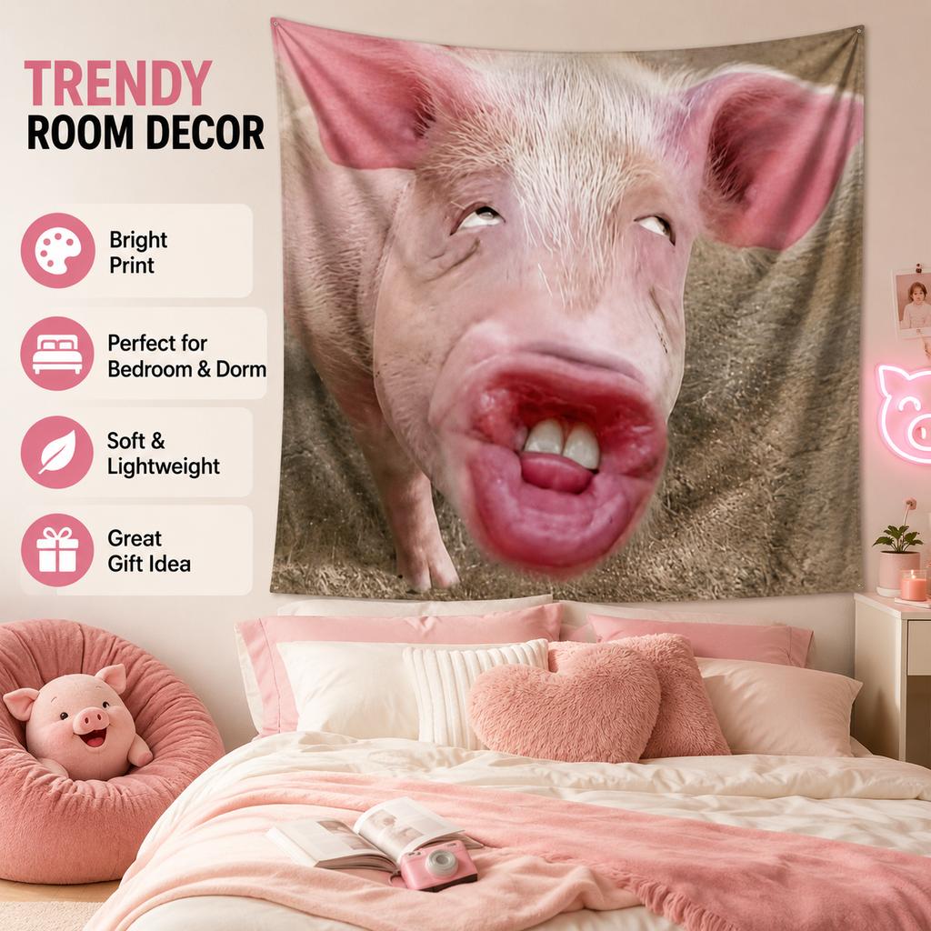 Tapestry Stampa Piatta Faccia di Maiale Divertente Labbra Rosse Animale Brutto Carino Appeso a Parete Per Stanza Universitaria Camera da Letto Estetico Umoristico Regalo Scherzoso Decorazione