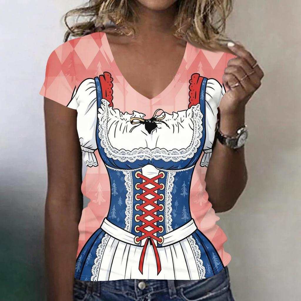 Women's Casual V Neck Short Sleeve T Shirt Oktoberfest Print Top Lightweight Soft Fabric Relaxed Fit Tee for Everyday Wear