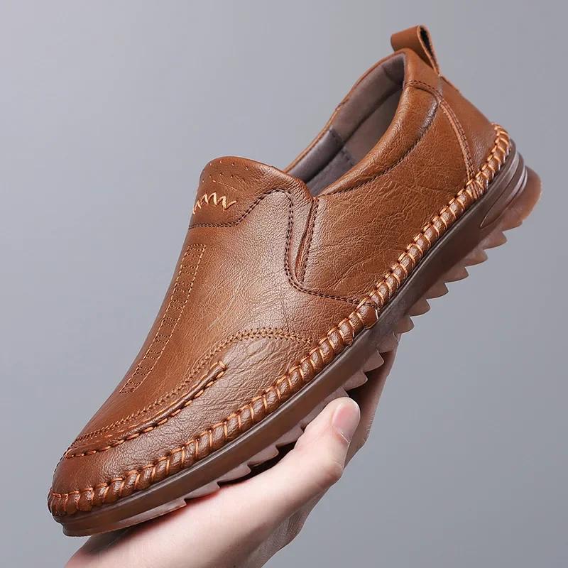 

2026 Spring New Men s Daily Casual Leather Shoes Men s Shoes Handmade Stitching Soft Leather Soft Bottom Casual Men s Shoes 44 коричневий