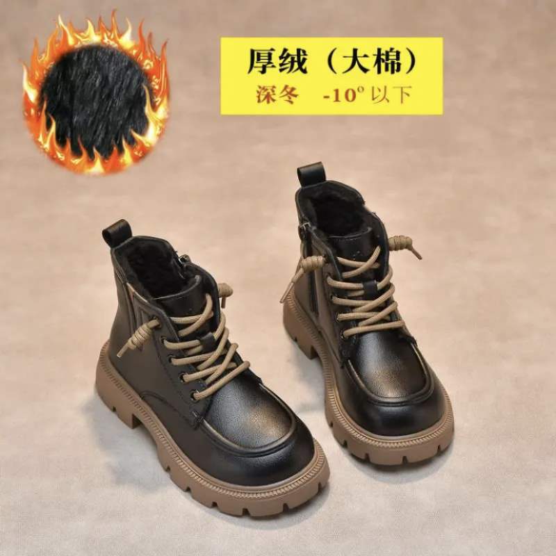 Girls Martin Girls Fleece Boots Autumn and Winter New Foreign Style Girls Single Boots Soft Sole Fleece Short Boots Boys Leather Boots