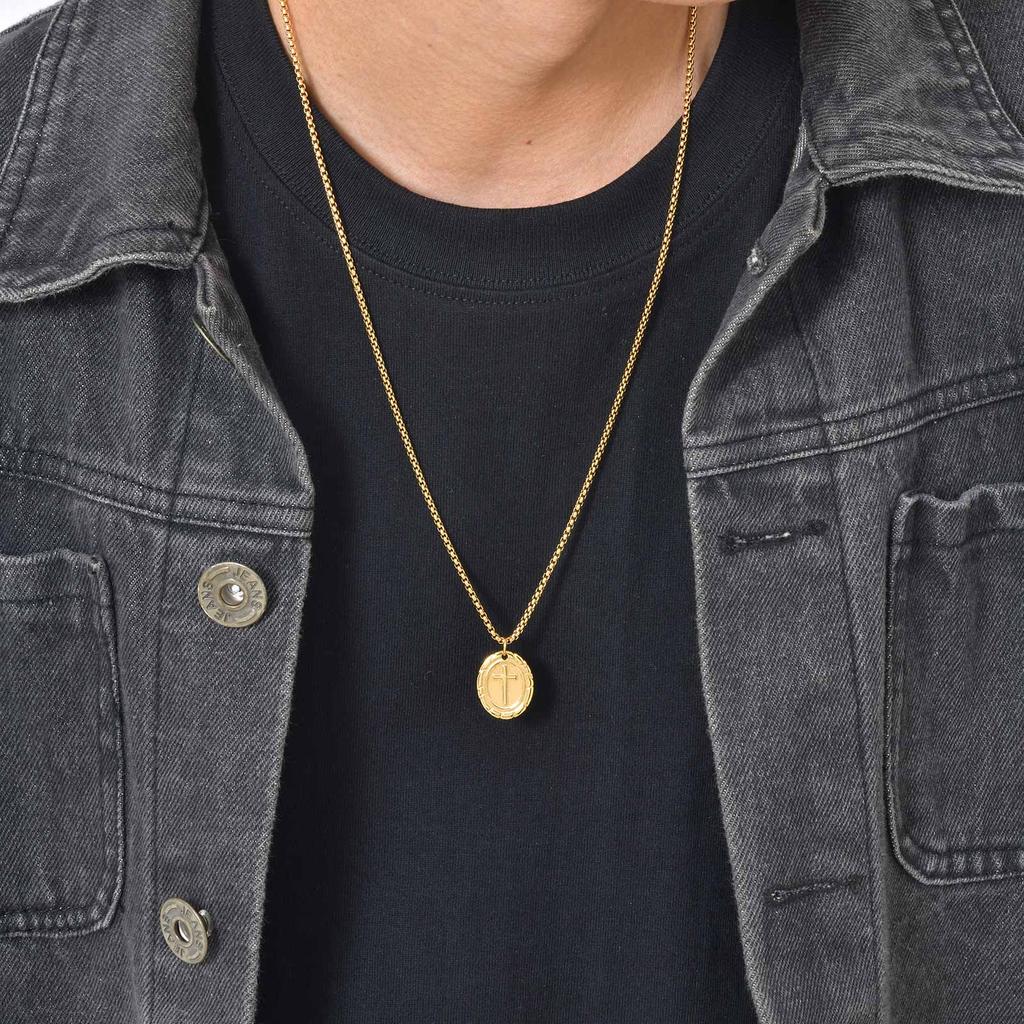 Vnox Oval Double Sided Cross Pendant Necklace for Men, Stainless Steel Gold Silver Color Chain Necklace Religious Faith Collar