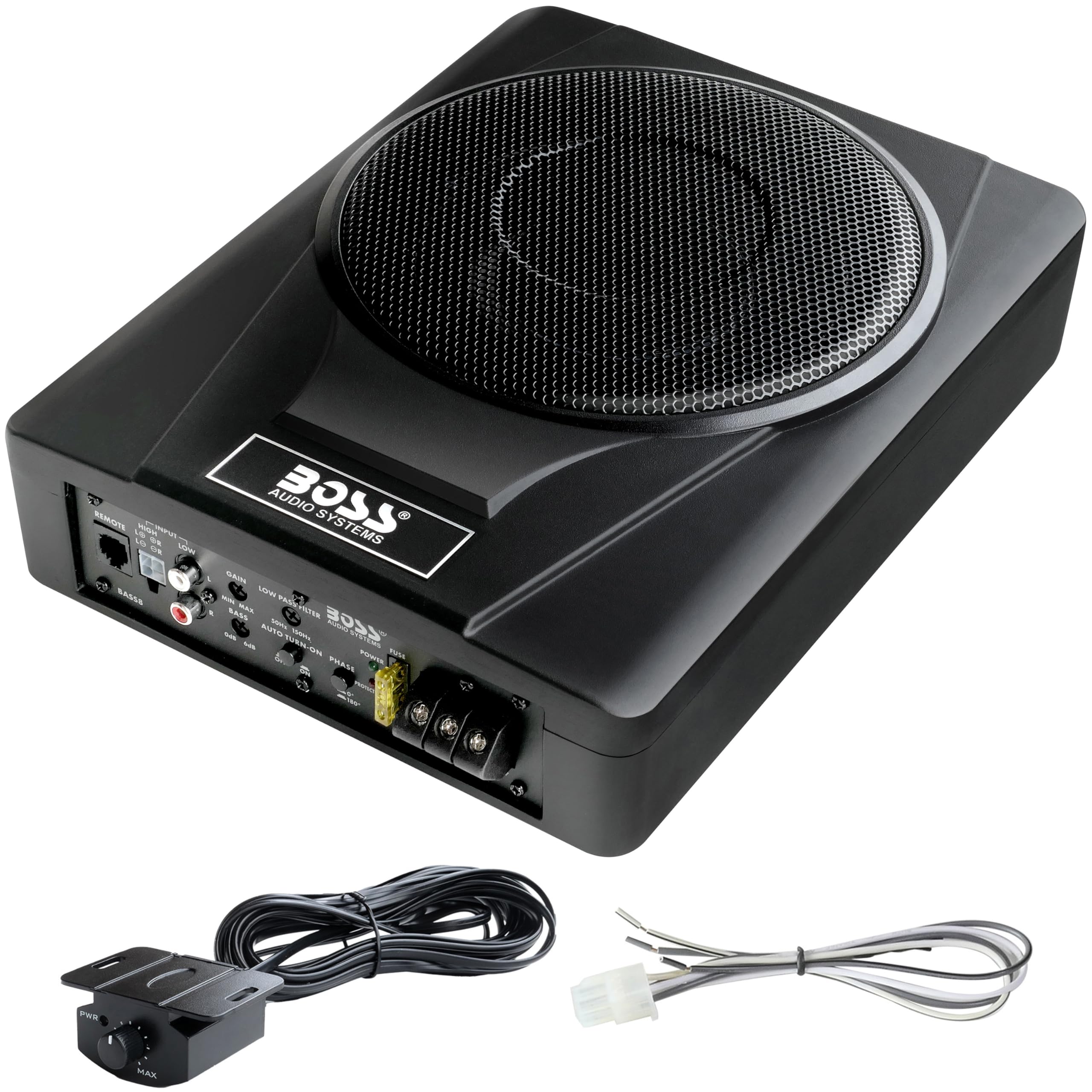 

subwoofer with 800W deep slim 12V power remote supports high and low level inputs 8-inch built-in amplifier, high-output speaker, bass, compact,