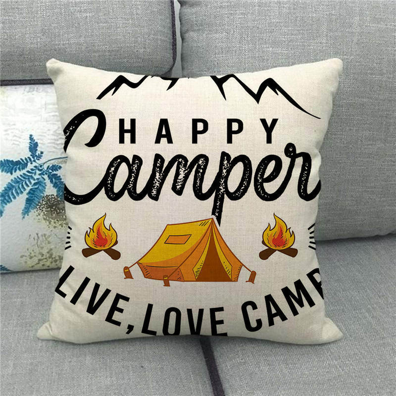 Happy Camper'S Lettered Design Pattern Digital Printing Short Plush Pillow Covers For Car Sofa Office Cushion Cover Home Goods