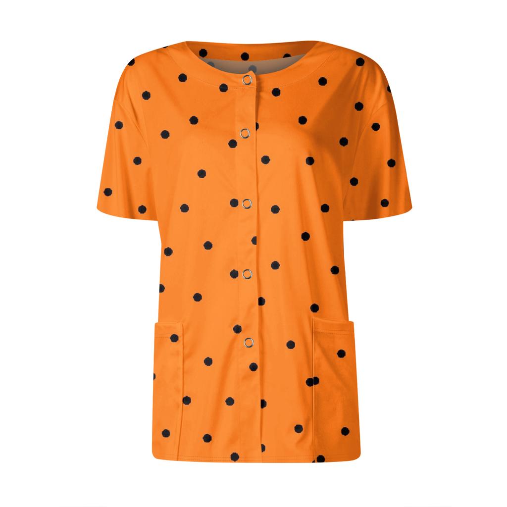 Women's Short Sleeved Patterned Pockets, Work Print Stand Up Collar, Single Breasted Protective Clothing, Cardigan Jacket, Top