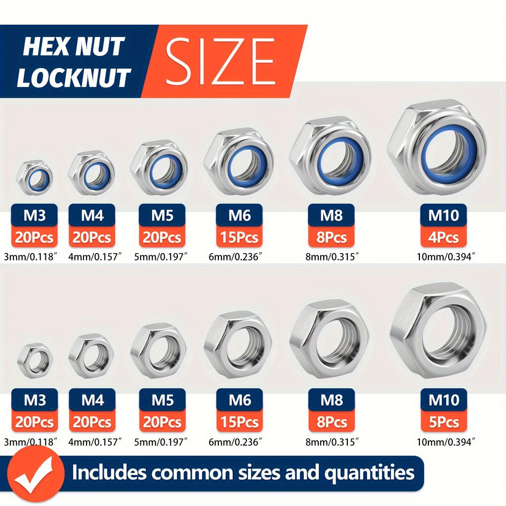 175pcs Stainless Steel Lock Nuts & Hex Nuts Assortment Kit, M3 M4 M5 M6 M8 M10, Assorted Metric Nylon Insert Lock Nuts & Hex Nut Set