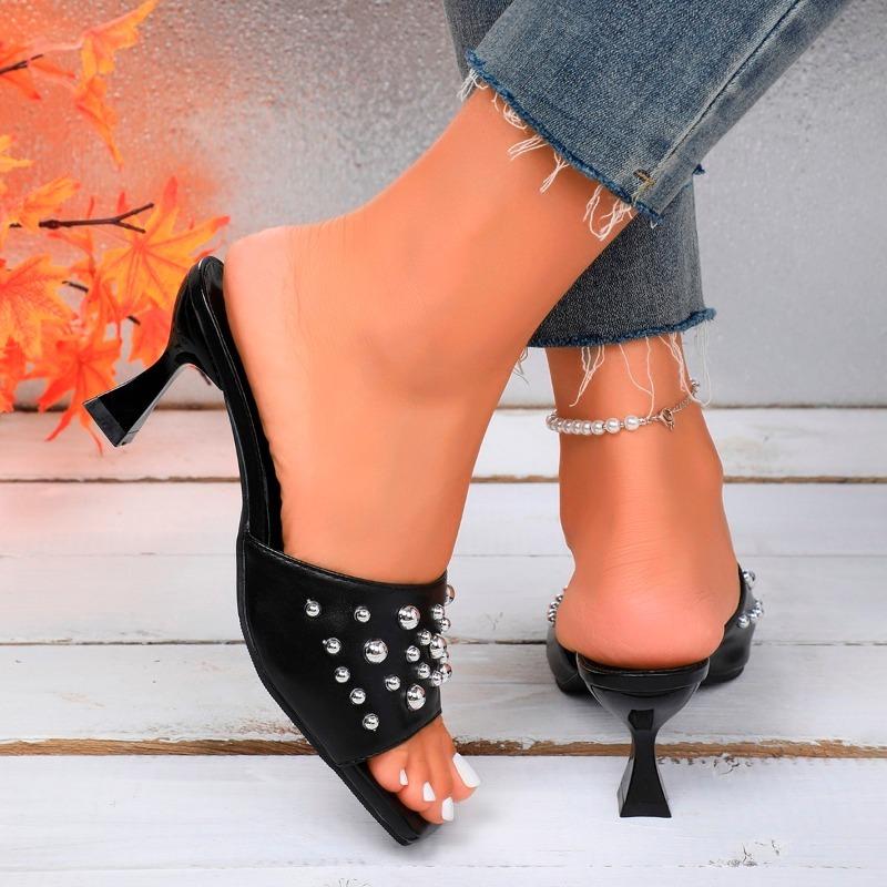 Fashion Women Sandals Ladies Square Heels Elegant Summer Slippers Outside White Black Leather Female Slides Fashion Woman Sandals