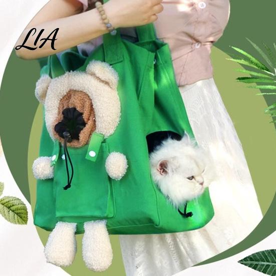 Canvas Cat Carrier Bag Purse, Front & Side Head Hole, Plush Bear Puppy Outdoor Pet Carrying Purse Tote, Portable Shoulder with Safety Buckle for Cats
