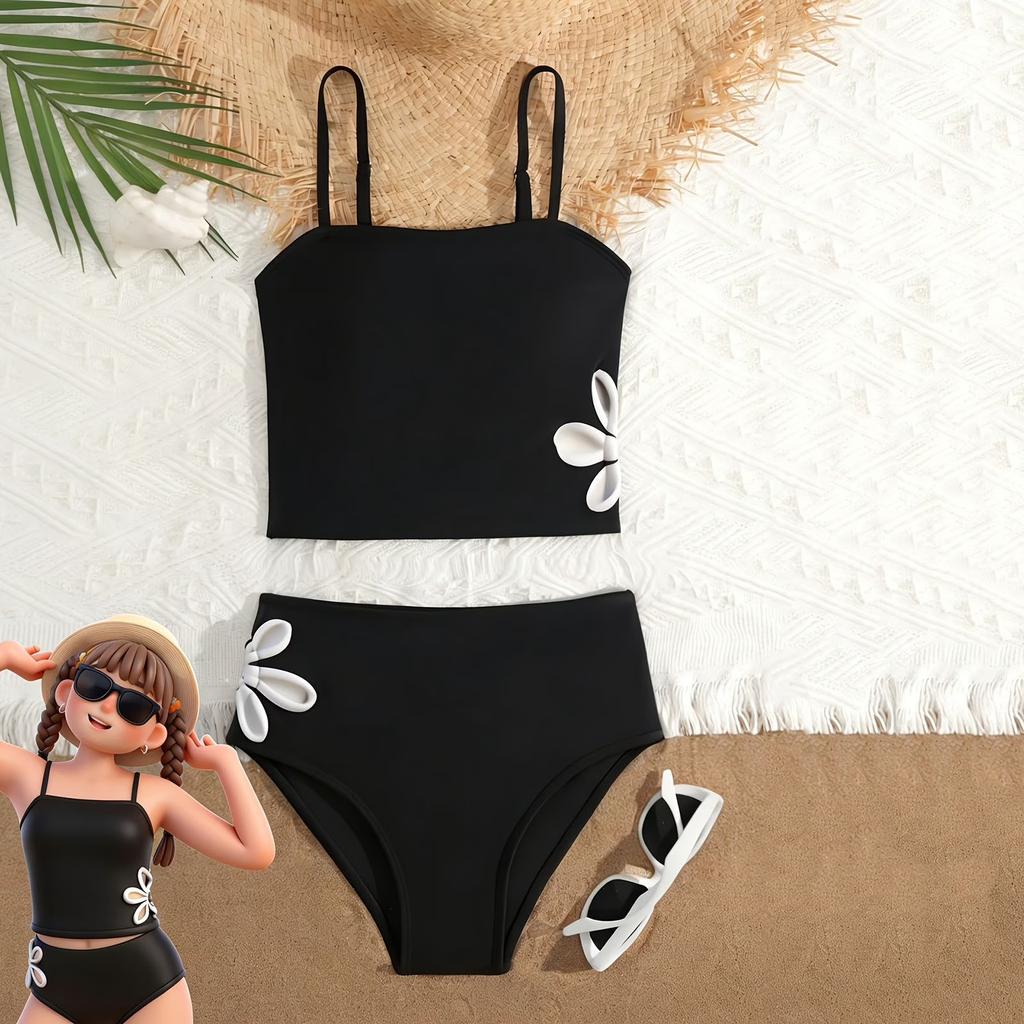 Girls Two Piece Swimsuit Set Tankini Top with Adjustable Straps High Waist Bottom Swimwear for Kids Beach Pool