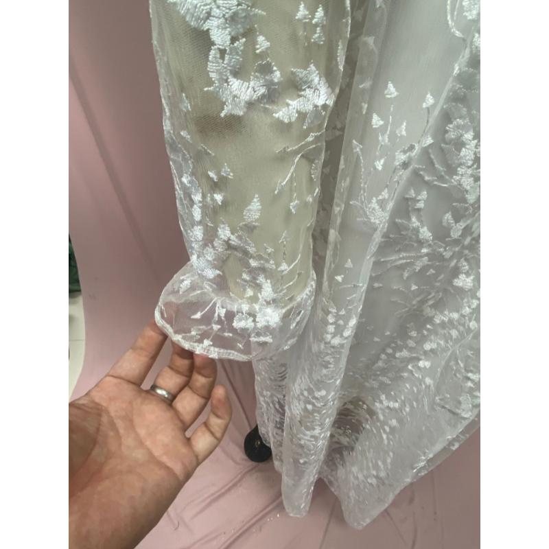 Women White Floral Lace Long Sleeve Deep V Neck Backless Sheer Tulle A Line Summer Wedding Gown Elegant Bridal Evening Prom Formal Party Maxi Dress