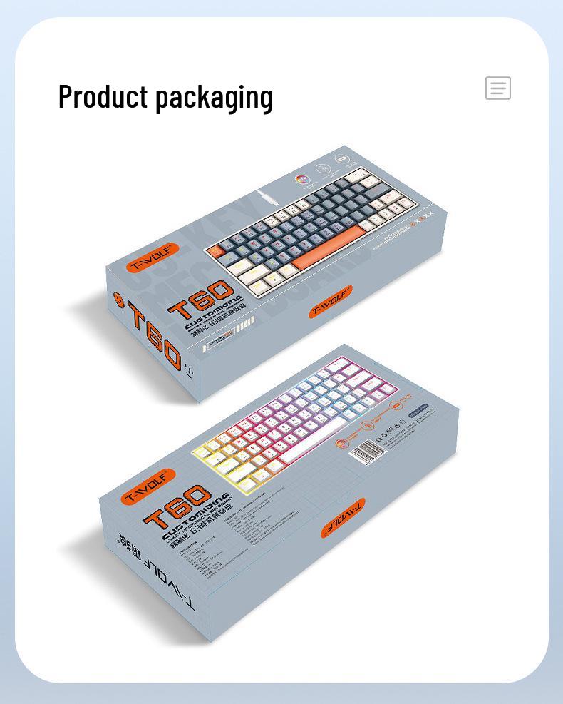 T-WOLF T60 61-Key Hot-Swappable Mechanical Gaming Keyboard with Mixed-Light and Two-Tone Blue Switch (Russian)