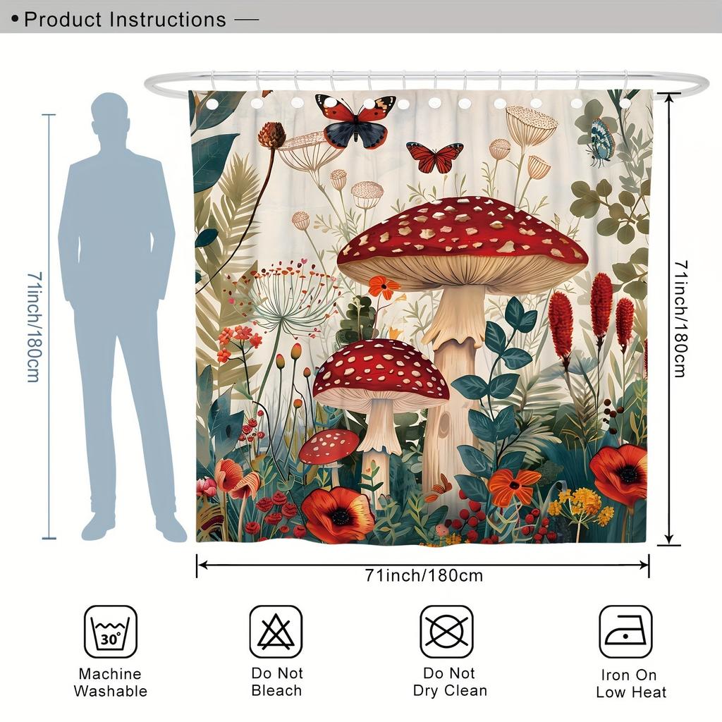 Rustic Farmhouse Shower Curtain 3D Printing Polyester Waterproof Mushroom Wildflower Design with 12 Hooks Bathroom Accessories