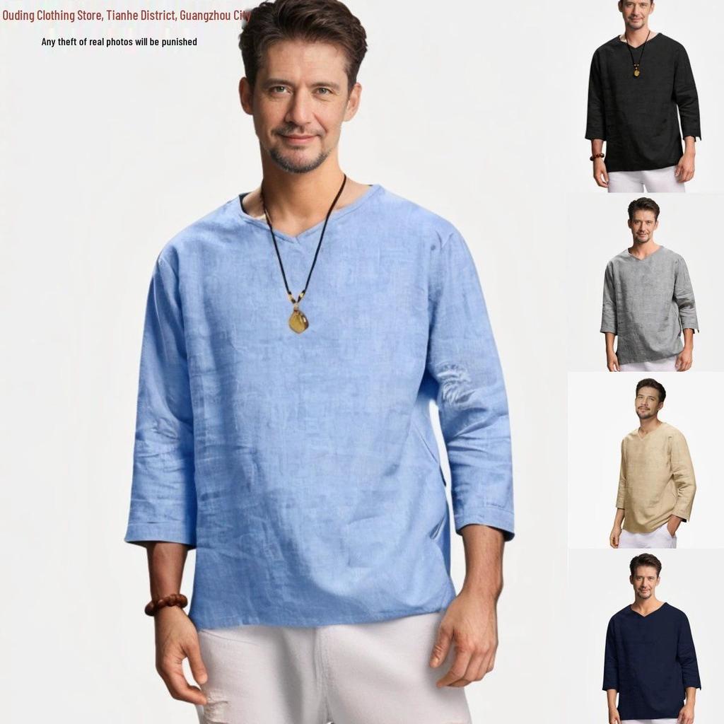 Men's V-Neck Long-Sleeve Cotton Linen Shirt - Anti-Theft Policy Applied