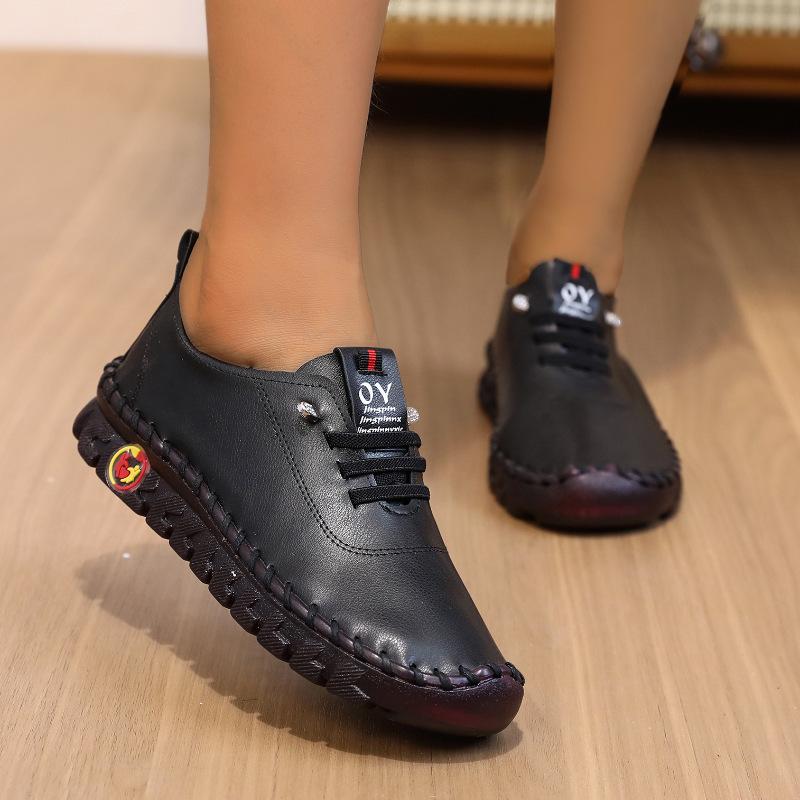 35-45,Soft-soled Shoes Women's Large Size Hand-stitched Lace-up Outside Casual Shoes, Ladies Imitation Leather Shoes