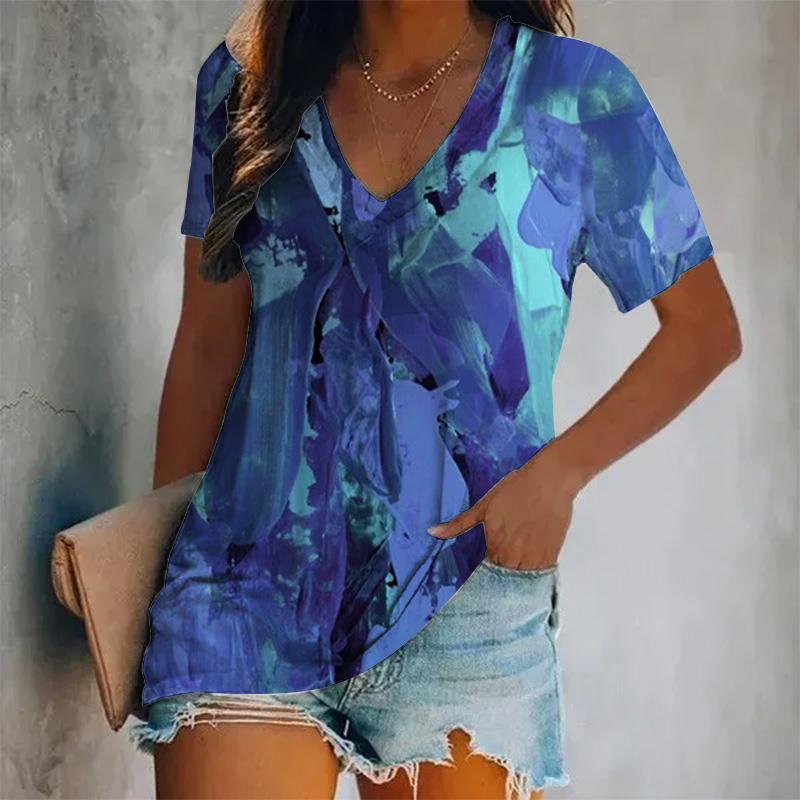 Damen Neues Kurzarm-V-Ausschnitt-T-Shirt mit gedrucktem Farbmuster, Übergroßes Damenoberteil im Y2K-Stil, Atmungsaktives T-Shirt