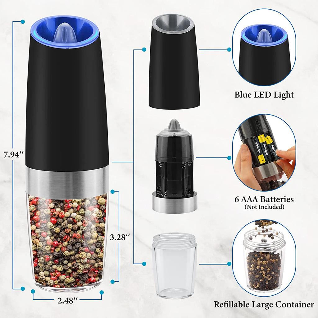 2 Pcs Stainless Steel Gravity Electric Pepper and Salt Grinder Set Adjustable Coarseness Battery Powered With LED Light