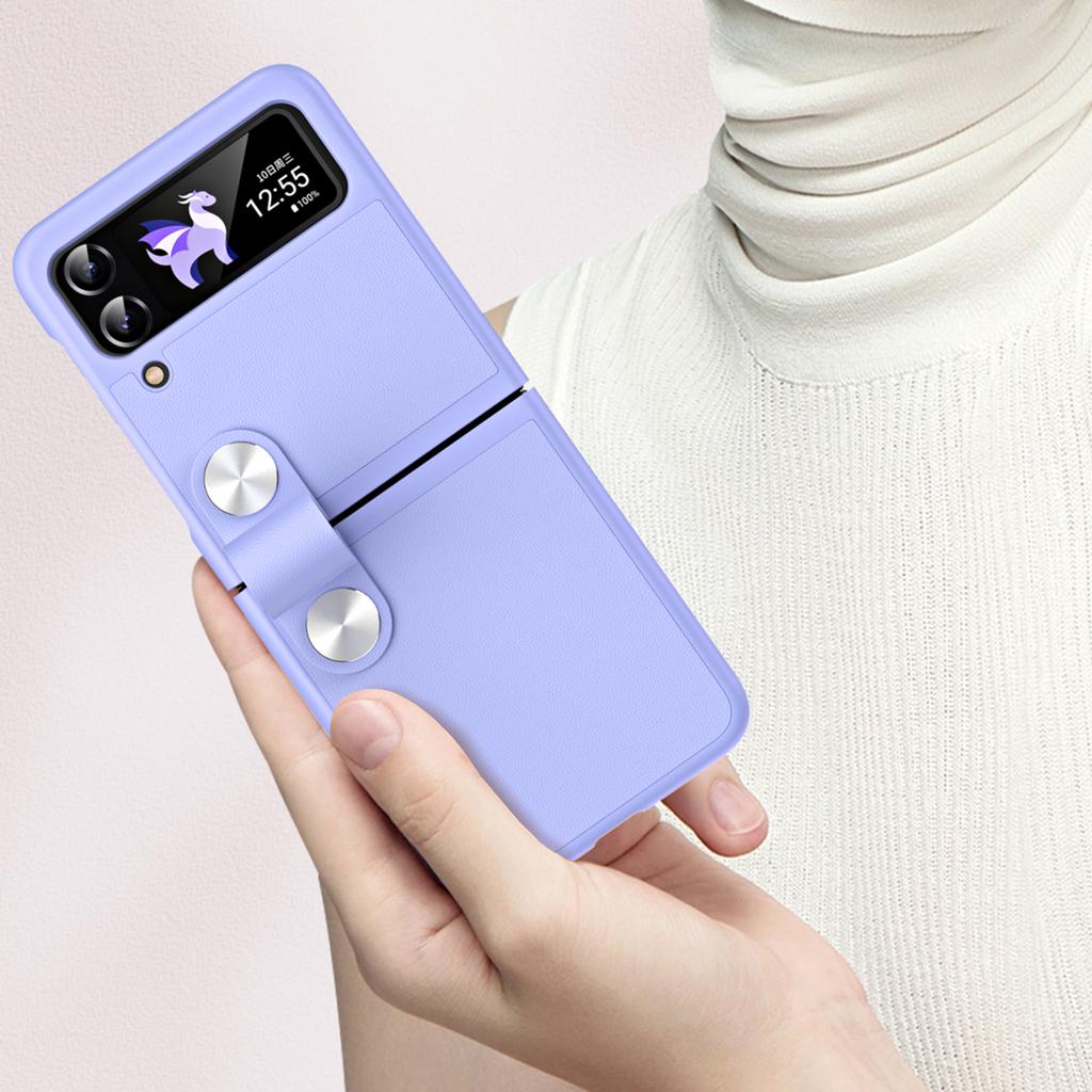 For Samsung Galaxy Z Flip4 5G PU Leather+PC Phone Case Finger Strap Holder Kickstand Cover