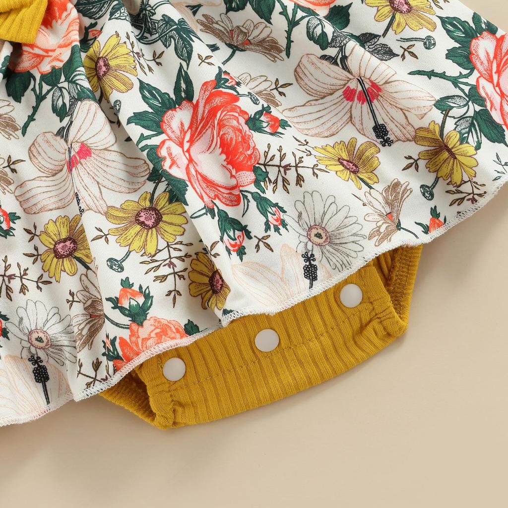 Salopetă de vară pentru bebeluși pentru bebeluși, mânecă cu volană, rochie cu imprimeu floral, body mozaic + bentiță cu fundă