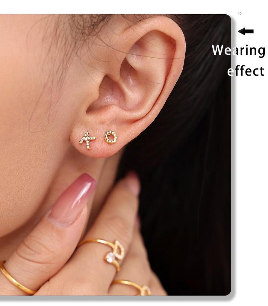 Oumeika Titanium Steel Jewelry Set: 26 Zircon-Inlaid Letters, PVD Gold-Plated Necklace, Bracelet, Earrings, and Ring.
