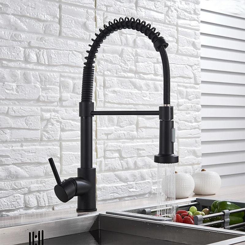 Brushed Pull Down Kitchen Faucet Chrome Dual Modes Nozzle Hot Cold Water Mixer Crane Tap Brass Spring Kitchen Sink Faucets
