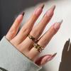 24Pcs French Green Short Almond Fake Nails With Wave Line Design Round Head Press On Nail Tips